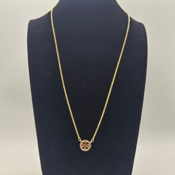 NEW Tory Burch Miller Pave Logo Delicate Necklace Gold Pink Crystal 18K Gold - Picture 2 of 7